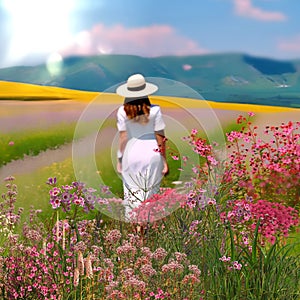 Young woman in white dress sun flares  summer nature landscape  wild field grass and colorful flowers on horizon,art Monet style