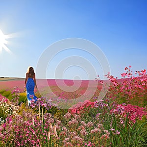 Young woman in white dress sun flares  summer nature landscape  wild field grass and colorful flowers on horizon,art Monet style