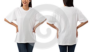 Young woman in white oversize T shirt mockup isolated on white background with clipping path. photo