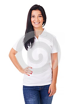 Young woman in white polo shirt