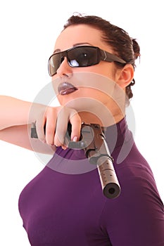 Young woman win gun isolated