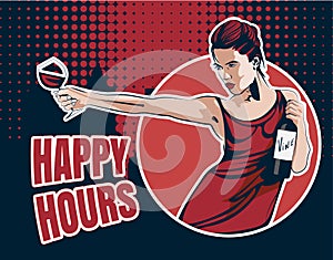 Young woman with wine glass and wine bottle. Text Happy Hour, city on the background. Vector stock image.