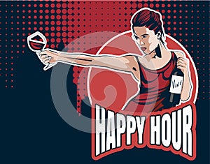 Young woman with wine glass and wine bottle. Text Happy Hour, city on the background. Vector stock image.