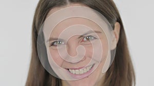 Young Woman Winking Eyes on White Background