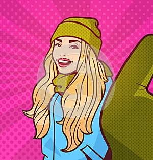 Young Woman In Winter Clothes Take Selfie Photo Over Colorful Retro Style Background