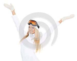 Young woman in winter warm clothes and ski glasses.