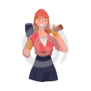 Young Woman Woodcutter or Lumberjack with Axe Showing Thumb Up Vector Illustration