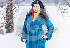 Young woman in wool  coat at winter day