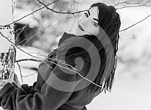 Young woman in wool  coat at winter day