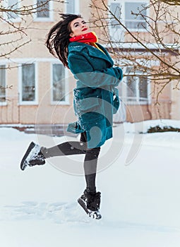 Young woman in wool  coat at winter day