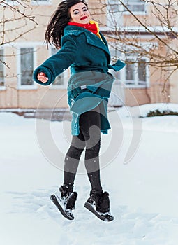 Young woman in wool  coat at winter day