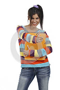 Young woman with work portfolio thumbs up