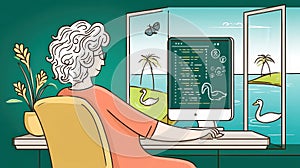 Young Woman Working on Computer with Scenic Background and Nature Elements
