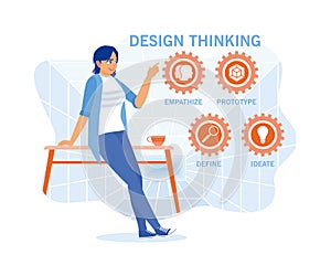 Young woman working in front of a virtual screen. The concept of design thinking in software development.