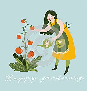 Young Woman Working in Garden or Farm. Vector Illustration with lettering - `Happy gardening`