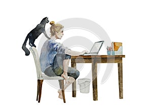 Young woman working from home and distracted by her black cat . Original watercolor illustration of home quarantine process,