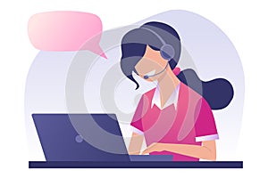 Young woman is working on a laptop. Call center. The girl answers the call, support service. Online consultation, vector