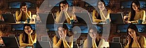 Young woman working with laptop and different moods photo