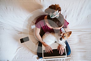 young woman working on laptop at home, sitting on the couch, cute small dog besides. Technology and pets concept