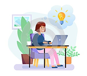 Young woman working with laptop. Idea in bubble