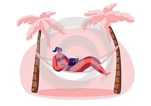 Young Woman Working on Laptop Lying in Hammock