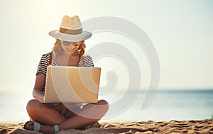 Young woman working with laptop on nature in beach