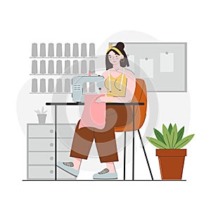 Young woman working on sewing machine. Workplace of seamstress. Fashion designer, dressmaker. Needlework, hobbies, home leisure.