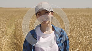 young woman works countryside tablet. farming concept. back view. young ears golden wheat farm. agriculture concept