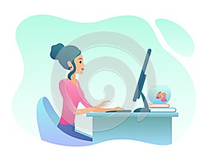 Young woman works on desctop pc in office. Trendy gradient color vector illustration.