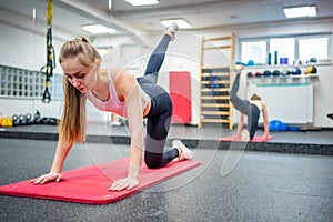 Young woman works out in the gym performing an exercise for strong body and health