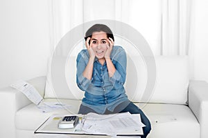 Young woman worried at home in stress accounting desperate in financial problems