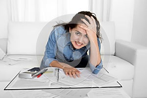 Young woman worried at home in stress accounting desperate in financial problems