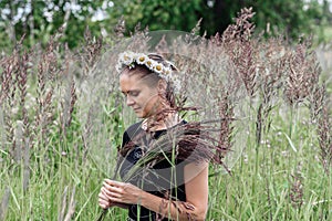 Young woman with a wreath of daisies on her head in the sun on a field of grass