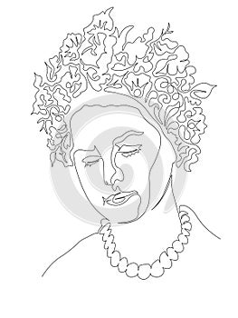 Young woman with a wreath of flowers on her head. Black and white image made continuous in one-line art technique