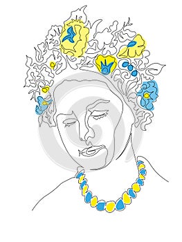 Young woman with a wreath of flowers on her head. Black and white image made in one-line art technique