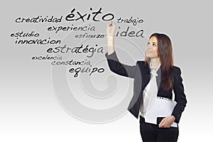 Young woman writing business spanish words