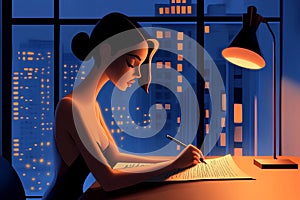 Young woman writing in a notebook at night.