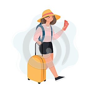 Young Woman with a yellow suitcase and boarding pass tickets