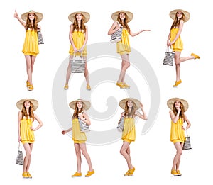 The young woman in yellow summer dress isolated on white