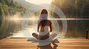 young woman yoga meditation in the morning near a lake