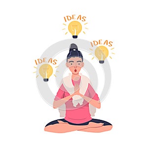 Young Woman in Yoga Pose Meditating with Glowing Light Bulb Flowing Around Having Idea Vector Illustration