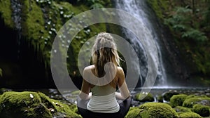 Young woman in yoga pose sitting near waterfall, Rear view