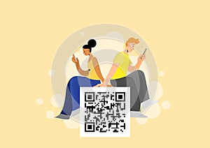 Young woman and young man sitting and looking at smartphone screen with qr code