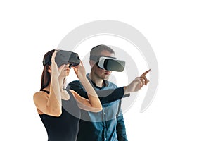 A young woman and a young man in virtual reality glasses.The concept of modern technologies and technologies of the