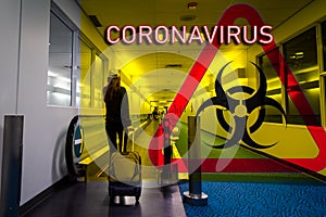 Young women in an airport concourse with a biohazard sign superimposed to denote the transmission of the Coronavirus