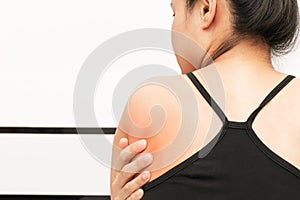 Young women back and shoulder pain injury, healthcare and medical concept
