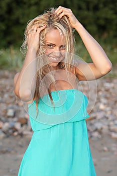 Young women in blue dress