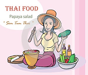 Young women cooking Thai food papaya salad.