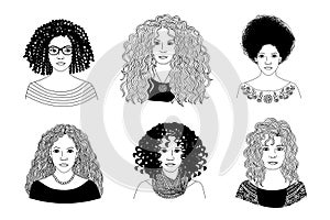 Young women with different types of curly hair