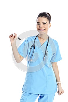 Young women doctor writing on whiteboard.